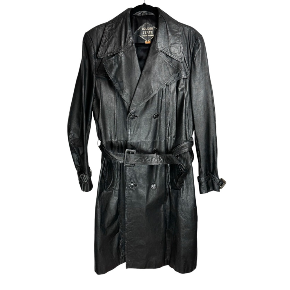 Vtg 80s Golden State Leather Trench Coat Sz 44 Black Belted